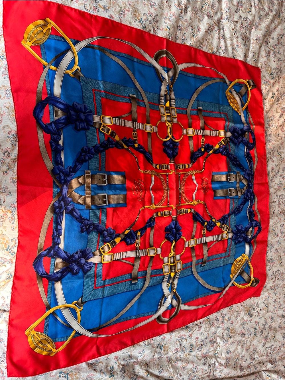 Hermes Vintage Grand Manage 90 Red, Blue & Gold Equestrian Silk Scarf